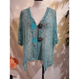 Kaktus Womens Open Knit Wood Button Cardigan Topper Size 2X Lagenlook Artsy Blue